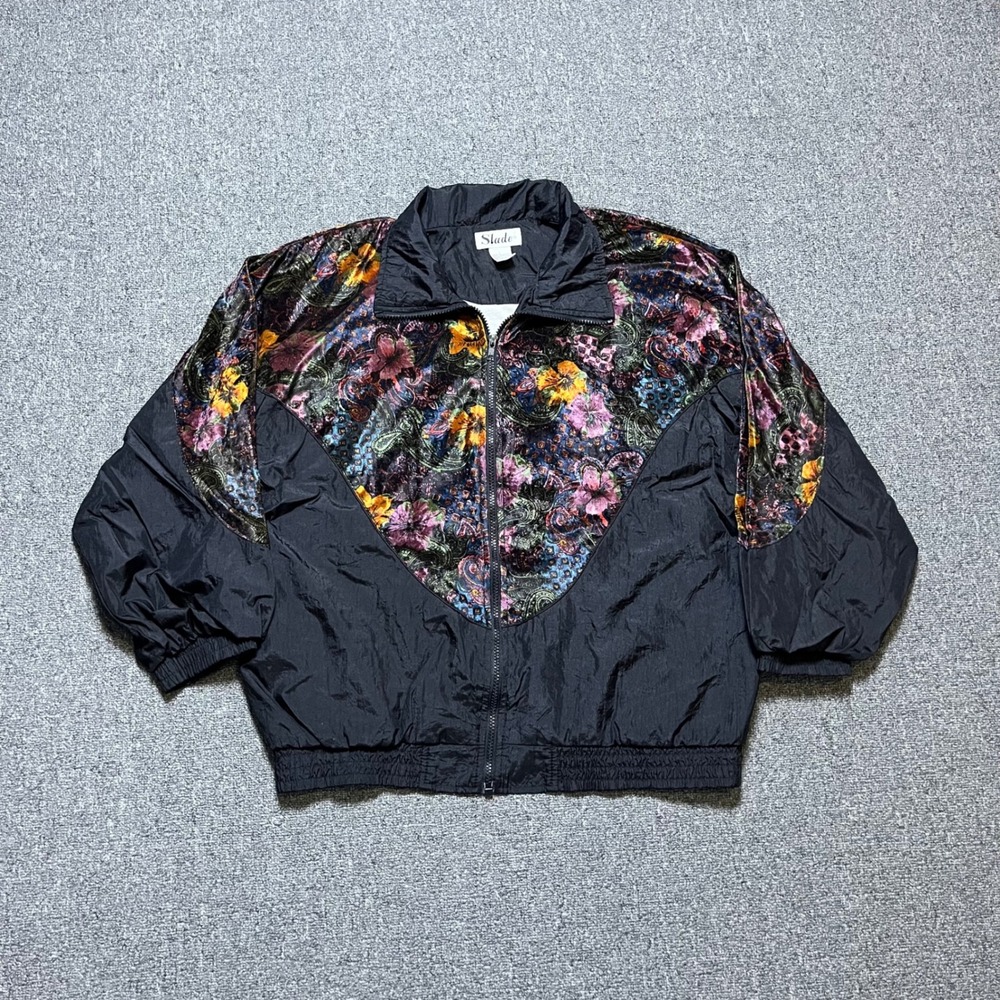 Vintage Slade Windbreaker Jacket Large Black Floral Velvet Paisley 80s 90s Retro